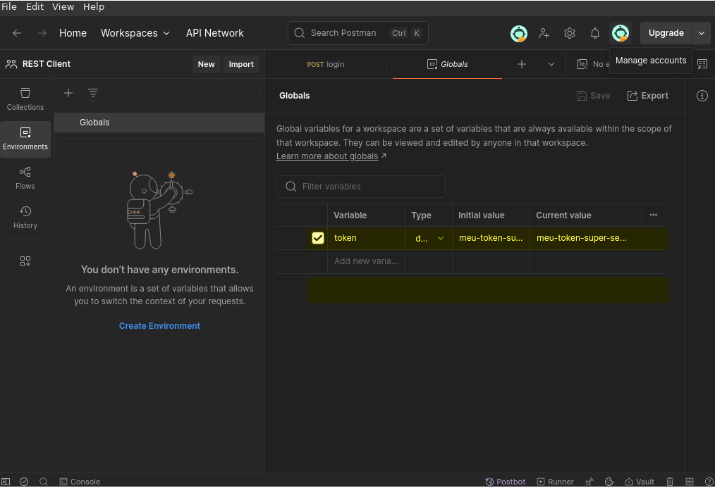 Tela com variáveis globais