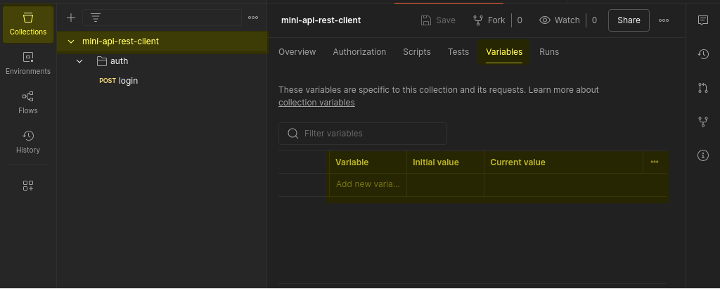 Tela de variáveis a nivel de pasta