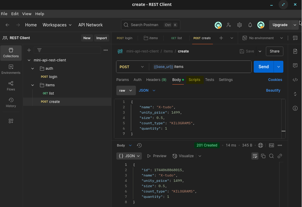 Tela com payload de criação
